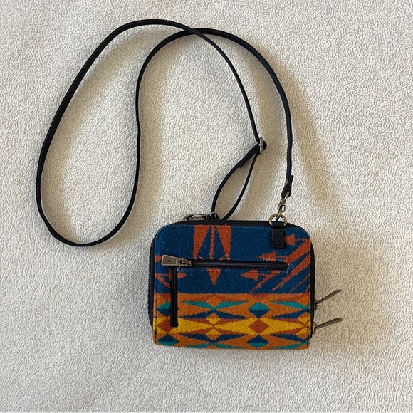 Pendleton EUC Wool Aztec Blue Orange Turquoise Crossbody Wallet Bag Purse - Picture 2 of 9